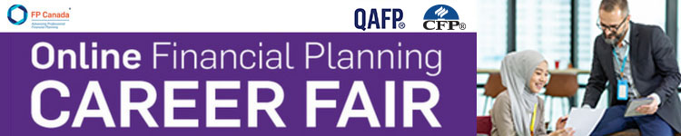 FP Canada Online Financial Planning Career Fair FP Canada logo, QAFP and CFP logos.